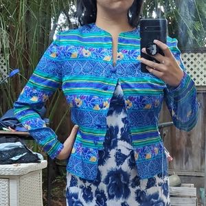 Adrianna Papell vintage blue silk satin patterned floral paisley blazer
